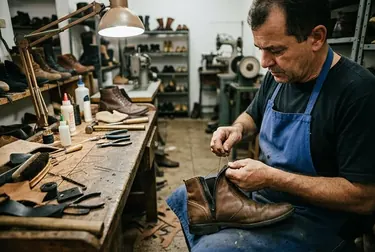Sapateiro trabalhando no conserto de zíper de uma bota, utilizando ferramentas apropriadas.