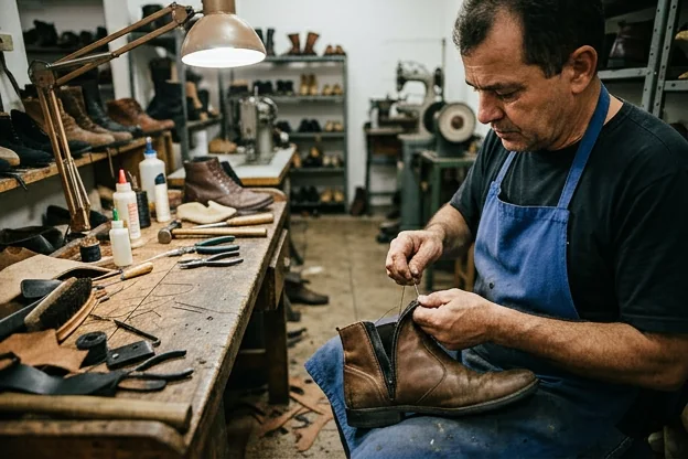Sapateiro trabalhando no conserto de zíper de uma bota, utilizando ferramentas apropriadas.