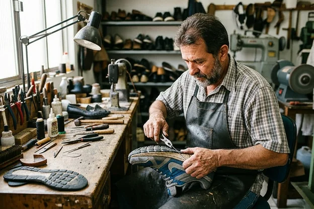 Sapateiro realizando o reparo de um tênis, demonstrando habilidade com as ferramentas.