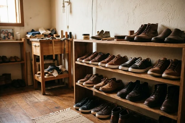 Sapatos bem cuidados, mostrando organização e manutenção adequadas para durabilidade.