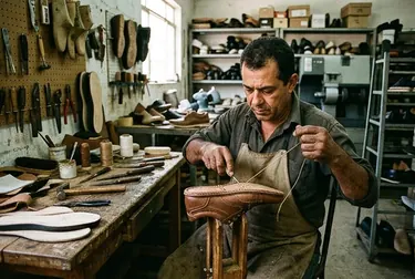 Sapateiro costurando um calçado com agulha e linha, demonstrando habilidade artesanal.
