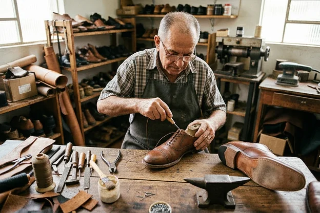 Sapateiro realizando reforma de sapatos sociais, mostrando o cuidado e detalhes do serviço.